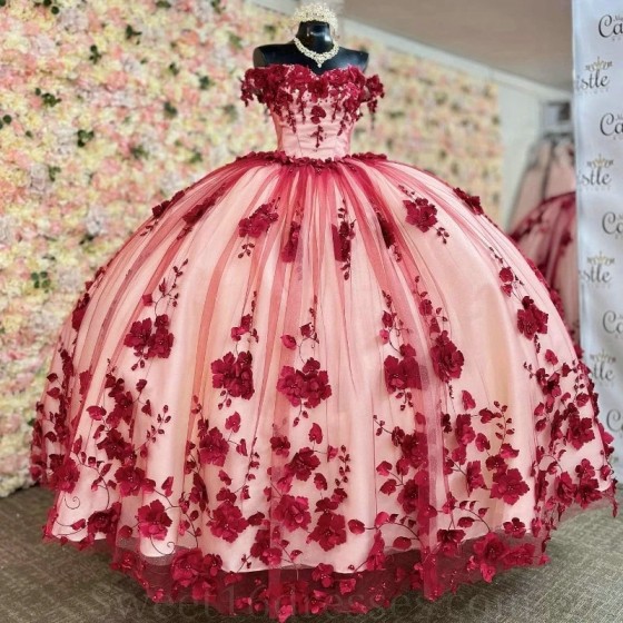 Luxurious 3D Flower Applique Lace Beads Prince Mexicians Sweet 16 Birthday Red Quinceanera Dresses