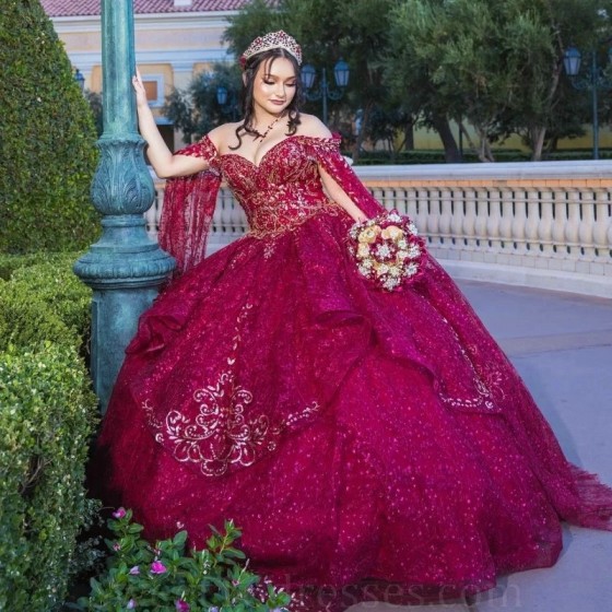 Luxury Ball Gown Quinceanera Dress 2024 Tulle Crystal Appliques With Cape Long Skirt Red Sweet 15 16 Birthday Chapel Train