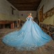 Luxury Beading Sky Blue Quinceanera Dresses Lace Applique With Cape Off The Shoulder Sweet 16 Dress vestido de 15 anos Prom Gown