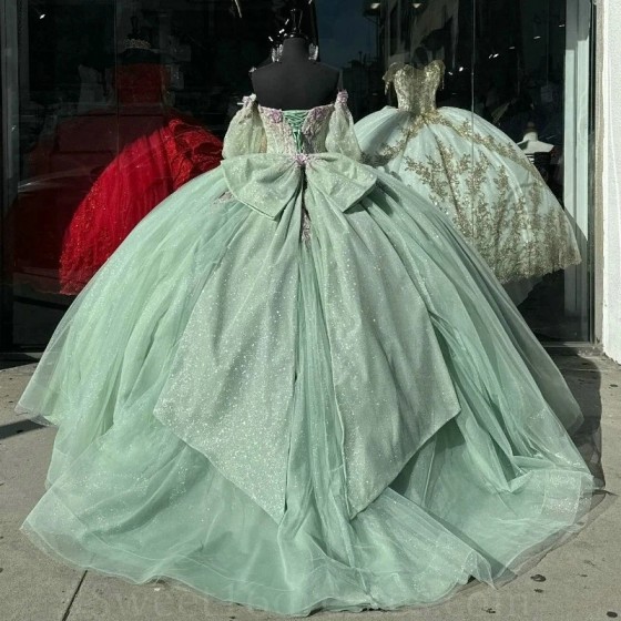 Luxury Sage Green Shiny Princess Quinceanera Dresses Beading Appliques Party Dress Tulle Elegent Sweet Vestido De 15 16 Anos