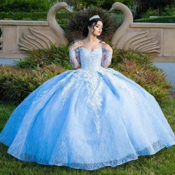 Luxury Sky Blue Quinceanera Dresses Applique Lace Beads Ball Gown Sweet 16 Year Princess Dress For 15 Years vestidos de anos