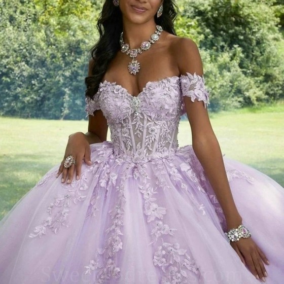 Mexico Lavender Off The Shoulder Ball Gown Quinceanera Dress Appliques Lace Beaded Birthday Party Gowns Sweet 16 vestidos de 15