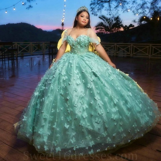 Mint Green Quinceanera Dress Off Shoulder Appliques Sequins Bow Beads Party Princess Sweet 16 Ball Gown Vestidos De 15 Anos