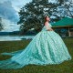 Mint Green Quinceanera Dress Off Shoulder Appliques Sequins Bow Beads Party Princess Sweet 16 Ball Gown Vestidos De 15 Anos