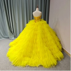 New Yellow Quinceanera Dresses Luxury Lace Party Dress Strapless Prom Ball Gown Quinceanera Gown vestido 15 anos quinceanera