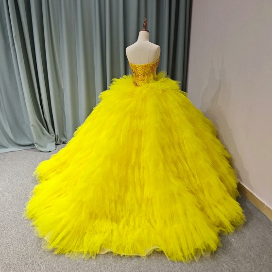 New Yellow Quinceanera Dresses Luxury Lace Party Dress Strapless Prom Ball Gown Quinceanera Gown vestido 15 anos quinceanera