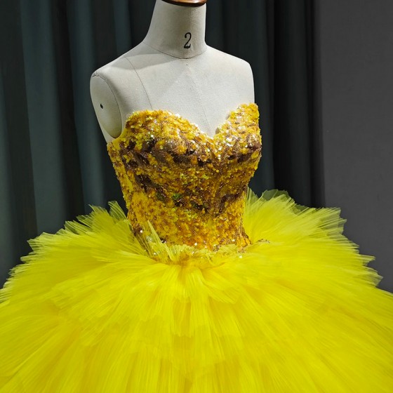 New Yellow Quinceanera Dresses Luxury Lace Party Dress Strapless Prom Ball Gown Quinceanera Gown vestido 15 anos quinceanera