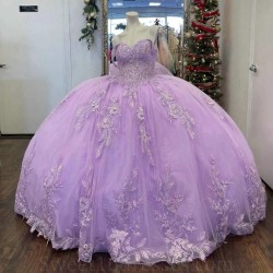 Off Shoulder Ball Gown Lilac Quinceanera Dresses Appliques Lace Beaded Corset Dress Long Girl Prom Party Gowns Robe Princess