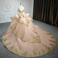 Off Shoulder Ball Gown Pink Quinceanera Dresses Tulle Gold Lace Appliques Beaded Sweet 16 Dress Vestido De 15 Anos Party Dress