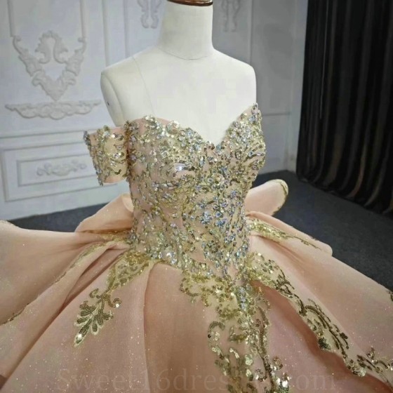 Off Shoulder Ball Gown Pink Quinceanera Dresses Tulle Gold Lace Appliques Beaded Sweet 16 Dress Vestido De 15 Anos Party Dress