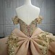 Off Shoulder Ball Gown Pink Quinceanera Dresses Tulle Gold Lace Appliques Beaded Sweet 16 Dress Vestido De 15 Anos Party Dress