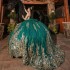 Off Shoulder Emerald Green Mexi Ball Gown Quinceanera Dresses Golden Appliques Lace Sweet 16 Dress Lace Up Vestidos De 15 Anos