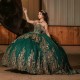 Off Shoulder Emerald Green Mexi Ball Gown Quinceanera Dresses Golden Appliques Lace Sweet 16 Dress Lace Up Vestidos De 15 Anos