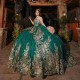 Off Shoulder Emerald Green Mexi Ball Gown Quinceanera Dresses Golden Appliques Lace Sweet 16 Dress Lace Up Vestidos De 15 Anos