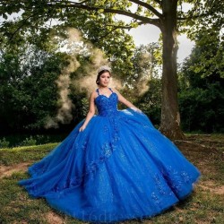 Off The Shoulder Ball Gown Blue Quinceanera Dresses Beaded Celebrity Party Gowns Applique Lace Sweet 16 Mexico vestidos de 15