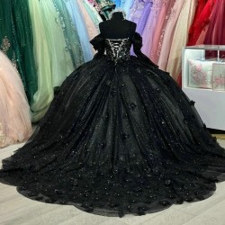 Off The Shoulder Black Shiny Quinceanera Dresses Ball Gown Dress 3DFlowers Dresses 15 Years For Sweet 16 Lace Up Birthday Party