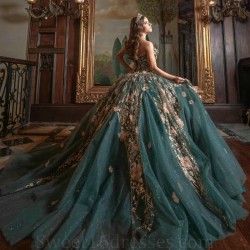 Off The Shoulder Emerald Green Quinceanera Dresses Ball Gown Tulle Appliques Lace Beads Puffy Mexican Sweet 16 Dresses 15 Anos