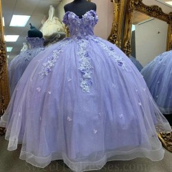 Off The Shoulder Lavender Quinceanera Dresses Flower dress Tulle Beading Party Dress Appliques Lace Up Court Train Prom Ball Gown