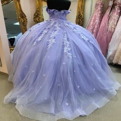 Off The Shoulder Lavender Quinceanera Dresses Flower dress Tulle Beading Party Dress Appliques Lace Up Court Train Prom Ball Gown