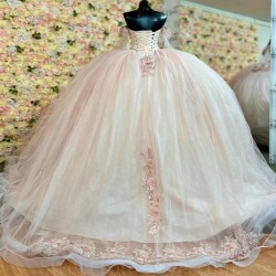 Off The Shoulder Pink Quinceanera Dresses Ball Gown Long Sleeves Floral Appliques Lace Handmade Flowers Beads Sweet 15