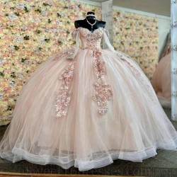 Off The Shoulder Pink Quinceanera Dresses Ball Gown Long Sleeves Floral Appliques Lace Handmade Flowers Beads Sweet 15