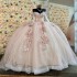 Off The Shoulder Pink Quinceanera Dresses Ball Gown Long Sleeves Floral Appliques Lace Handmade Flowers Beads Sweet 15