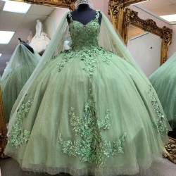 Off The Shoulder Sage Green Quinceanera Dresses Ball Gown Floral Appliques Lace With Cape Sweet 16 Party Wear vestidos de 15