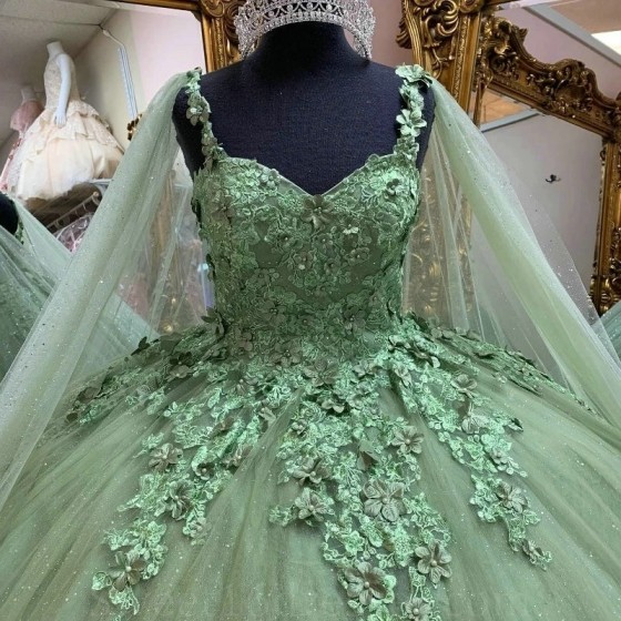 Off The Shoulder Sage Green Quinceanera Dresses Ball Gown Floral Appliques Lace With Cape Sweet 16 Party Wear vestidos de 15