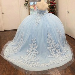 Off The Shoulder Sky Blue Shiny Quinceanera Dresses Ball Gown Tulle Appliques Lace Tull Puffy Mexican Sweet 16 Dresses 15 Anos