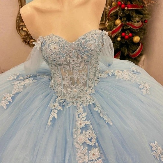 Off The Shoulder Sky Blue Shiny Quinceanera Dresses Ball Gown Tulle Appliques Lace Tull Puffy Mexican Sweet 16 Dresses 15 Anos