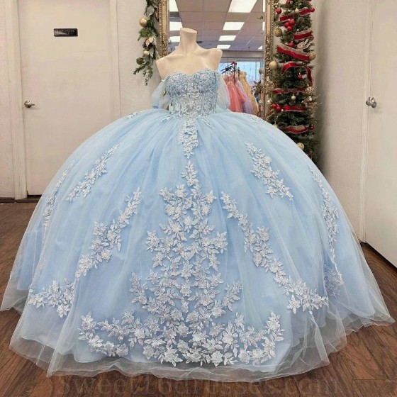 Off The Shoulder Sky Blue Shiny Quinceanera Dresses Ball Gown Tulle Appliques Lace Tull Puffy Mexican Sweet 16 Dresses 15 Anos