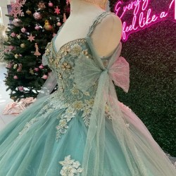 Off shoulder Mint Green Puffy Skirt Princess Quinceanera Dresses Applique Lace Beads Gillter Lace up Corset Charro vestido xv 15