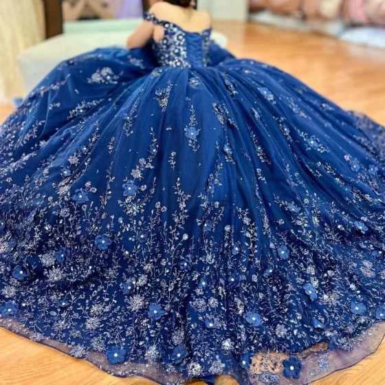 Off the Shoulder Navy Blue Quinceanera Dress Prom Dress Sweet 15 Dress Sequin Graduation Applique Lace Party Princess Dress