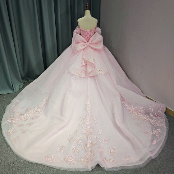 Pink Shiny Sweetheart Quinceanera Dress Off Shoulder Sequined Lace Bow Beads Court Train Bow vestido 15 anos quinceanera