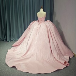 Pink Strapless Quinceanera Dresses Sweet 16 Prom Evening Gowns Applique Lace Beading Satin vestido de 15 quinceanera