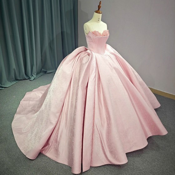 Pink Strapless Quinceanera Dresses Sweet 16 Prom Evening Gowns Applique Lace Beading Satin vestido de 15 quinceanera