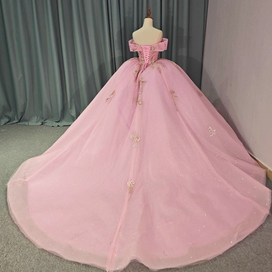 Pink Sweetheart Shiny Ball Gown Charming Short Sleeves Quinceanera Dresses 2024 Classic Applique vestido de 15 anos