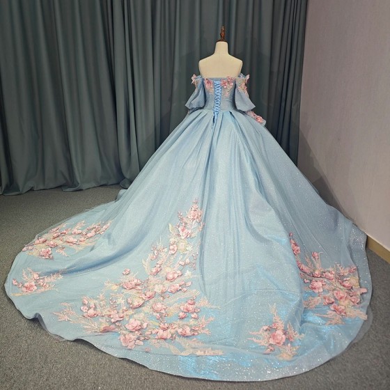 Princess Off The Shoulder Ball Gown Quinceanera Dress With 3D Handmade Flowers Beading Appliques Sweet 15 Prom Party Dress