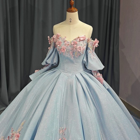 Princess Off The Shoulder Ball Gown Quinceanera Dress With 3D Handmade Flowers Beading Appliques Sweet 15 Prom Party Dress