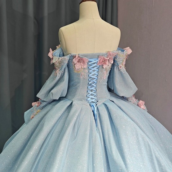 Princess Off The Shoulder Ball Gown Quinceanera Dress With 3D Handmade Flowers Beading Appliques Sweet 15 Prom Party Dress