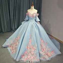 Princess Off The Shoulder Ball Gown Quinceanera Dress With 3D Handmade Flowers Beading Appliques Sweet 15 Prom Party Dress