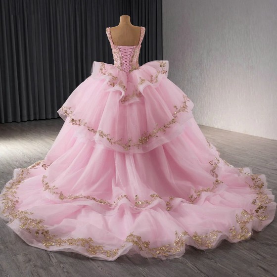 Princess Pink Spaghetti Straps Lace Quinceanera Dresses 2024 Princess Lace Up Sequins Sweet 15 Years Girl Birthday Party Dresses