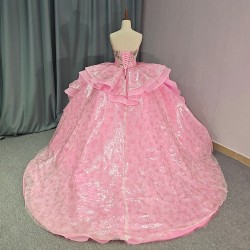 Princess Strapless Ruffles Ball Gown Quinceanera Dresses Pink 3D Flowers Sequined Lace Lace Up vestidos de quinceanera