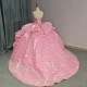 Princess Strapless Ruffles Ball Gown Quinceanera Dresses Pink 3D Flowers Sequined Lace Lace Up vestidos de quinceanera