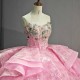 Princess Strapless Ruffles Ball Gown Quinceanera Dresses Pink 3D Flowers Sequined Lace Lace Up vestidos de quinceanera