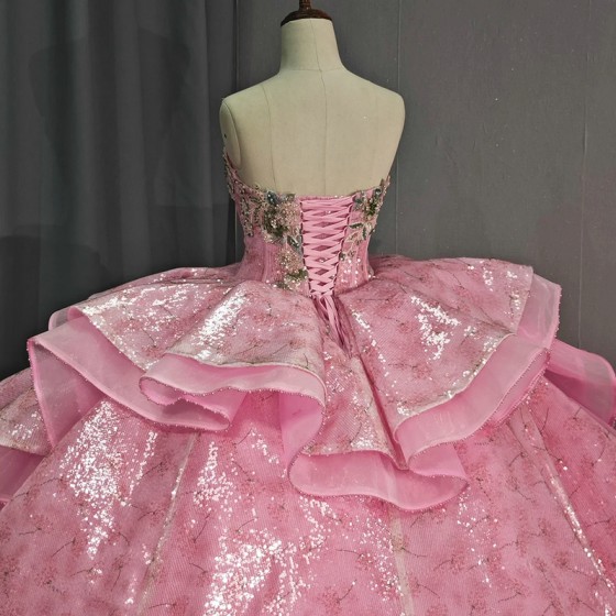 Princess Strapless Ruffles Ball Gown Quinceanera Dresses Pink 3D Flowers Sequined Lace Lace Up vestidos de quinceanera