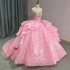 Princess Strapless Ruffles Ball Gown Quinceanera Dresses Pink 3D Flowers Sequined Lace Lace Up vestidos de quinceanera