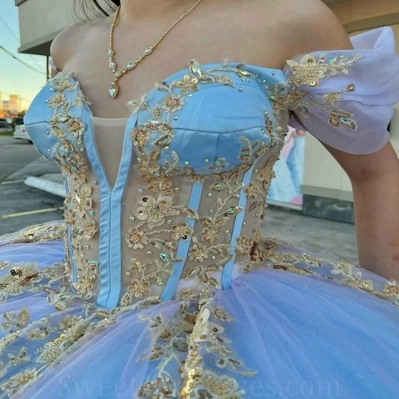 Princess Sky Blue Quinceanera Dresses Gold Applique Lace Ball Gown Sweet 16 Dress Vestidos De 15 Anos