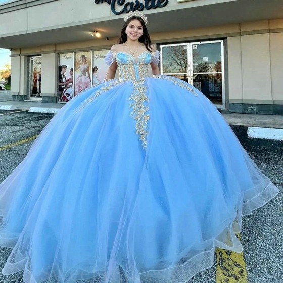 Princess Sky Blue Quinceanera Dresses Gold Applique Lace Ball Gown Sweet 16 Dress Vestidos De 15 Anos