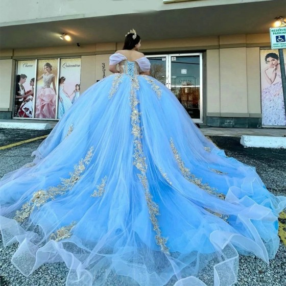 Princess Sky Blue Quinceanera Dresses Gold Applique Lace Ball Gown Sweet 16 Dress Vestidos De 15 Anos